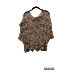 Tashon brown beige loose knit crew neck crochet poncho‎